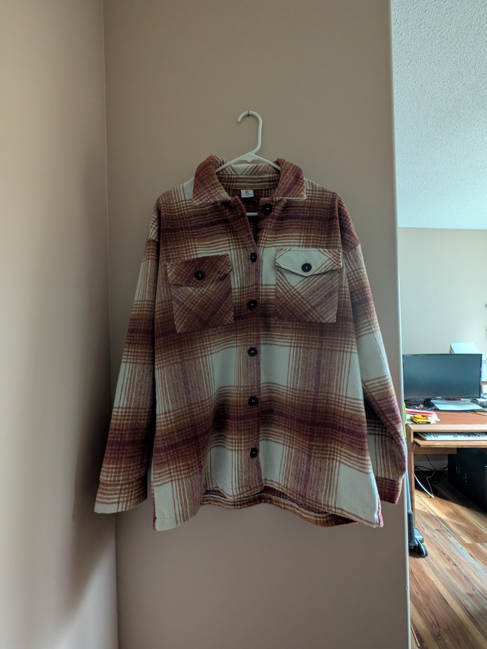 Sunday Club Plaid Button-Up Shacket in Cream and Brown